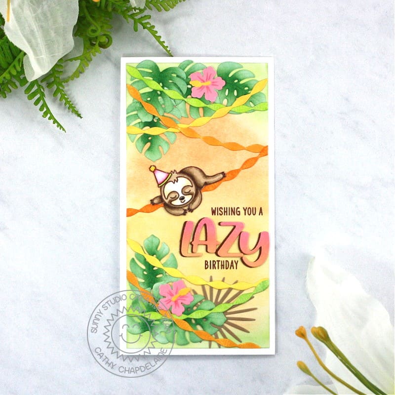 Sunny Studio Stamps Wishing You A Lazy Birthday Jungle Sloth Party Card (using Crepe Paper Streamers Metal Cutting Dies)