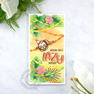 Sunny Studio Stamps Wishing You A Lazy Birthday Jungle Sloth Party Mini Slimline Card (using Silly Sloths 4x6 Clear Stamps)