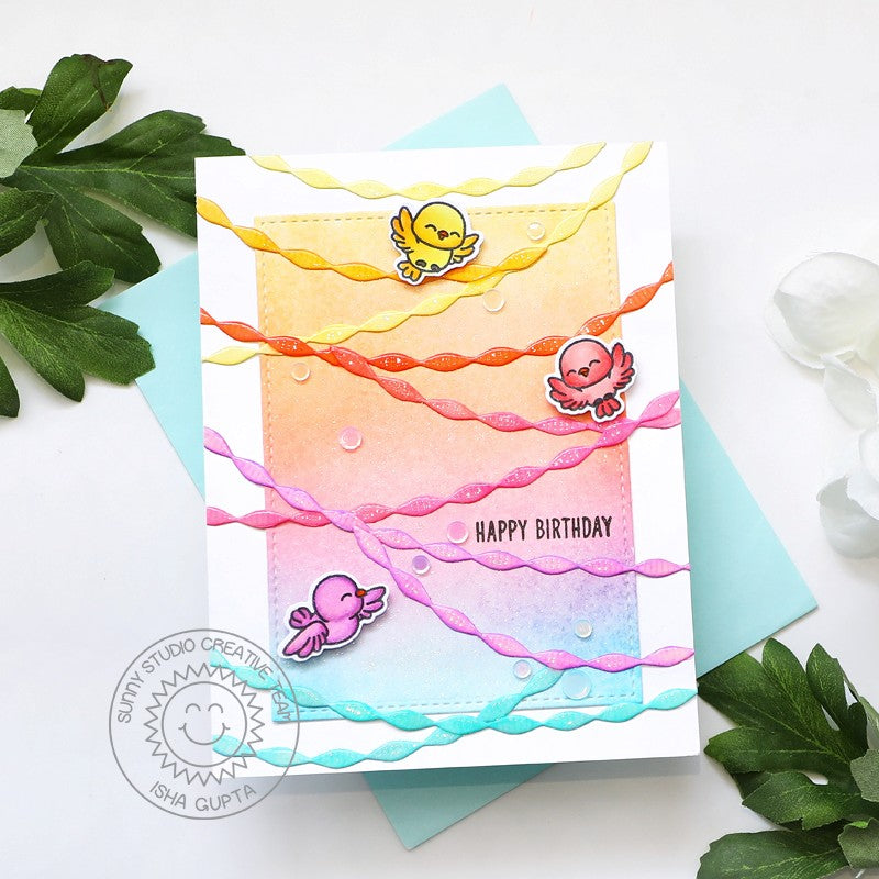 Sunny Studio Stamps Little Birdie Pastel Rainbow Birthday Card (using Crepe Paper Streamers Metal Cutting Dies)