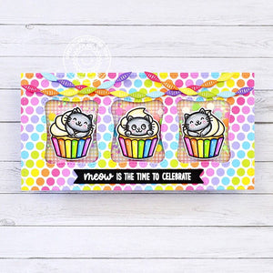 Sunny Studio Meow Is the Time To Celebrate Colorful Polka-dot Punny Cat Cupcake Card (using Birthday Cat 4x6 Clear Stamps)