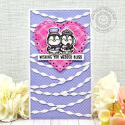 Sunny Studio Penguin Bride & Groom with Heart & Streamers Mini Slimline Wedding Card (using Wedded Bliss 2x3 Clear Stamps)