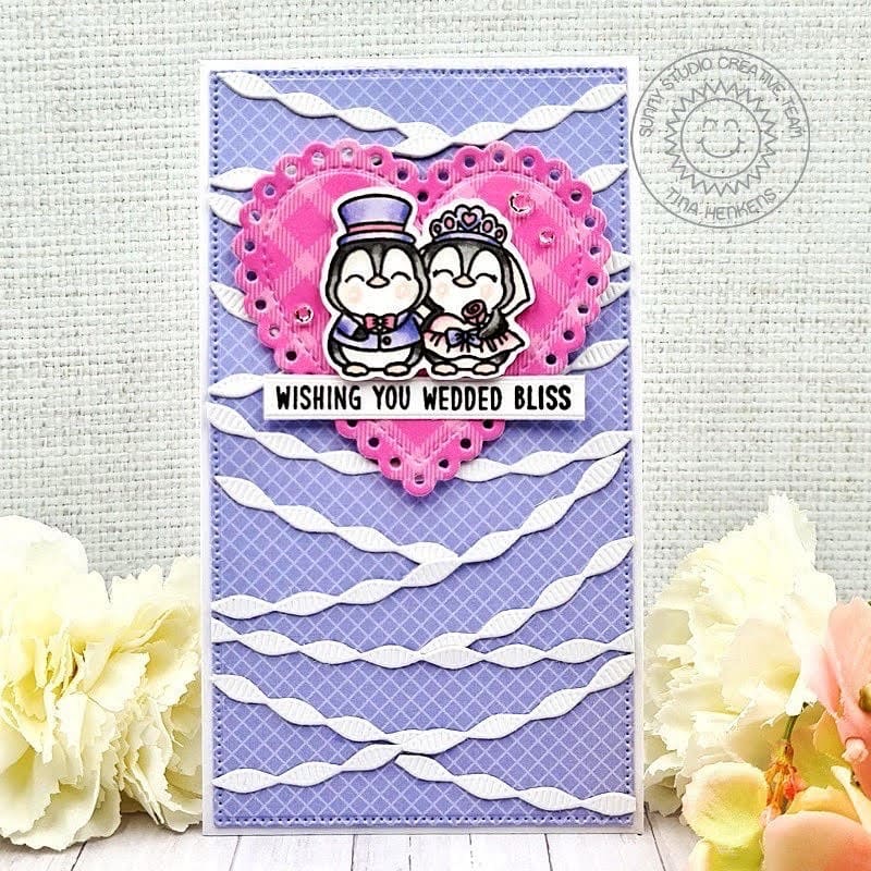 Sunny Studio Wishing You Wedded Bliss Penguin Bride & Groom Wedding Card (using Scalloped Heart Metal Cutting Dies)