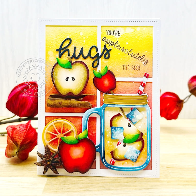 Sunny Studio Stamps Fall Apple Cider with Cinnamon Punny Autumn Hugs Card using Summer Jar Mug Metal Cutting Craft Dies
