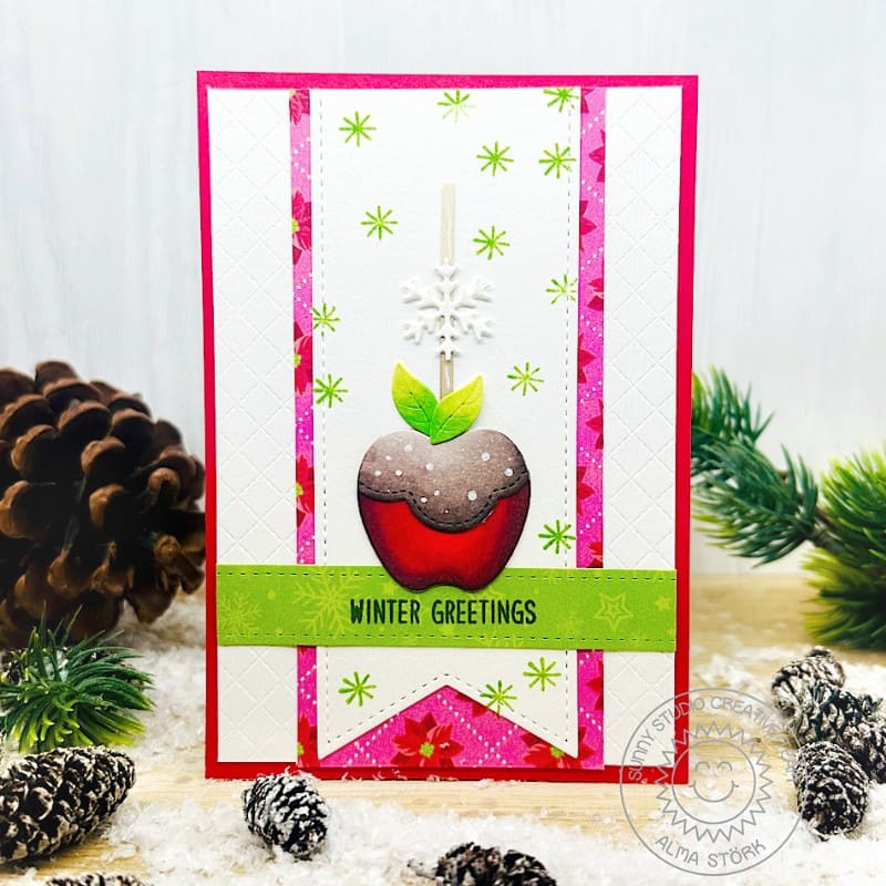 Sunny Studio Stamps Candy Apple Winter Greetings Holiday Christmas Card using Crisp Apple Metal Cutting Craft Dies
