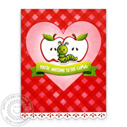 Sunny Studio Stamps Red Gingham Scalloped Worm with Apple Core Fall Card using Ribbon & Lace Border Metal Cutting Craft Dies