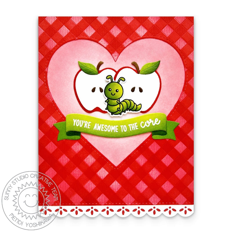 Sunny Studio Awesome to the Core Red Gingham Worm & Apples Fall Card using Punny Apple Greetings Clear Sentiment Craft Stamps