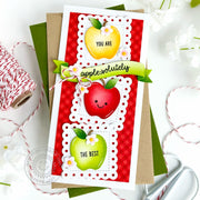 Sunny Studio Stamps Apples with Red Gingham & Scalloped Squares Fall Slimline Card using Brilliant Banner 3 Metal Craft Die