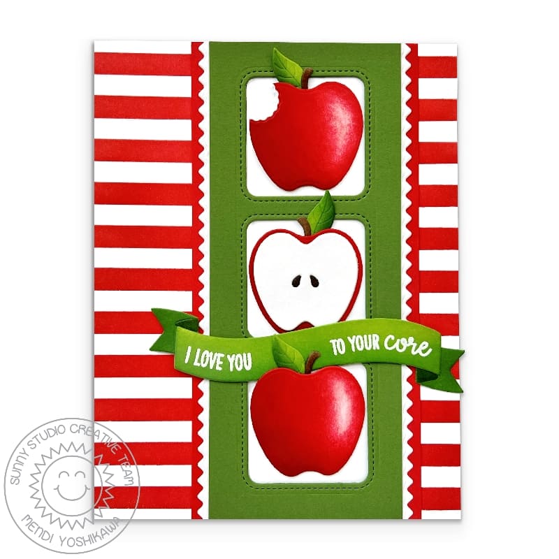 Sunny Studio Stamps I Love You To Your Core Red Striped Fall Apples Card using Crisp Apple Metal Cutting Craft Die