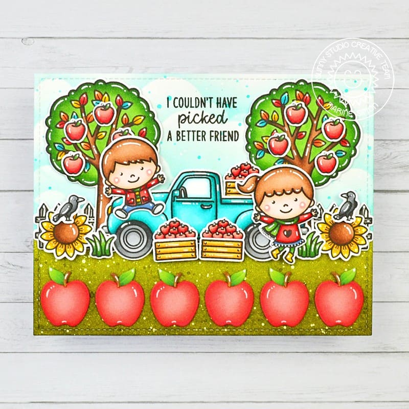 Sunny Studio Stamps Kids with Fall Apple Trees & Pick-up Truck on the Farm Card using Crisp Apple Metal Cutting Craft Dies