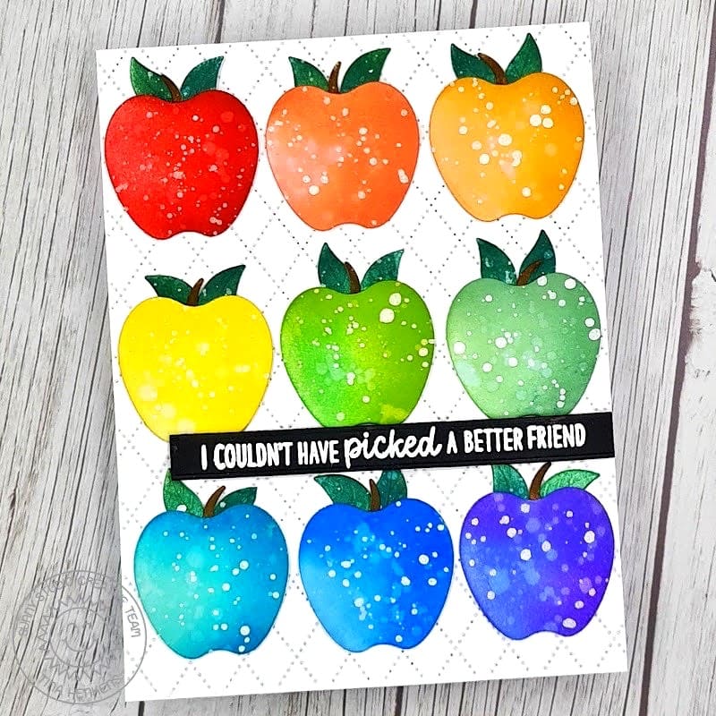 Sunny Studio Stamps Rainbow Splattered Apples Grid-Style Fall Friendship Card using Crisp Apple Metal Cutting Craft Dies