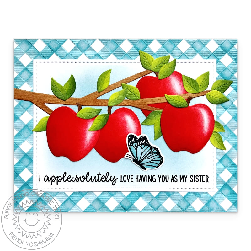 Sunny Studio Stamps Red Apples on Tree Branch Blue Gingham Fall Puns Card using Crisp Apple Metal Cutting Craft Dies