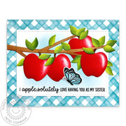 Sunny Studio Stamps Red Apples on Tree Branch Blue Gingham Fall Puns Card using Diagonal & Straight Stripes 6x6 Stencils Set