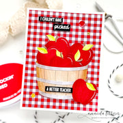 Sunny Studio Stamps Apples in Barrel Red Gingham Fall Back To School Teacher Card using Wood Barrel Metal Cutting Craft Dies