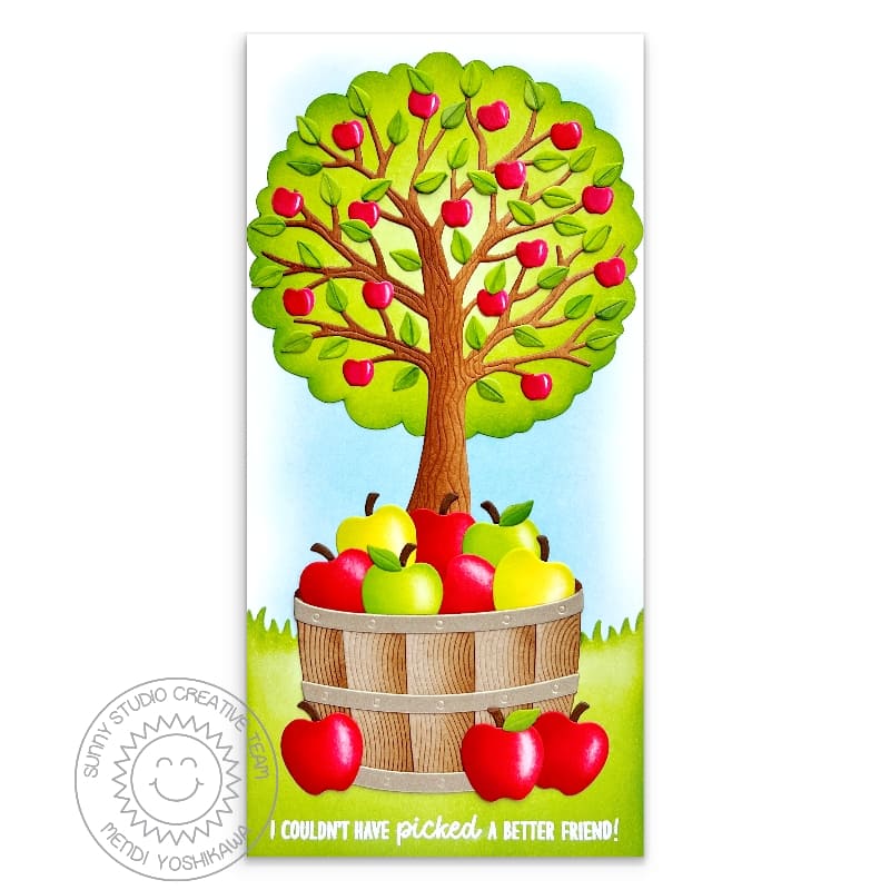 Sunny Studio Stamps Tree with Picked Apples in Wood Barrel Fall Puns Slimline Card using Crisp Apple Metal Cutting Craft Dies