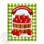 Sunny Studio Red Apples in Wood Barrel Green Gingham Fall Card using Punny Apple Greetings Clear Sentiment Craft Stamps