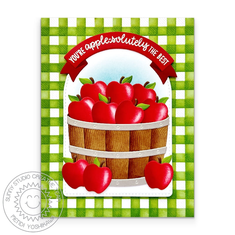 Sunny Studio Stamps Red Apples in Wood Barrel Green Gingham Punny Fall Card using Crisp Apple Metal Cutting Craft Dies