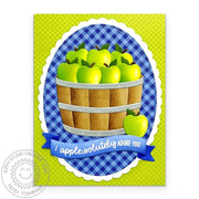 Sunny Studio Stamps Green Apples in Wood Barrel Blue Gingham Punny Fall Autumn Card using Crisp Apple Metal Cutting Craft Die