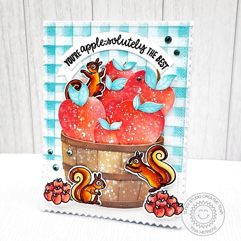 Sunny Studio Stamps Squirrels with Apples Blue Gingham Fall Card using Crisp Apple & Wood Barrel Metal Cutting Craft Dies