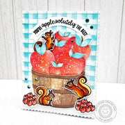 Sunny Studio Squirrels with Apples in Wood Barrel Blue Gingham Fall Card using Punny Apple Greetings Clear Sentiment Stamps