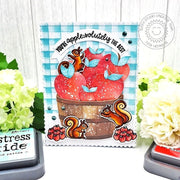 Sunny Studio Squirrels with Apples in Wood Barrel Blue Gingham Fall Card using Squirrel Friends Clear Craft Stamps