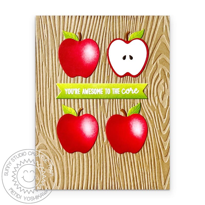 Sunny Studio Awesome To the Core Wood Embossed Autumn Apple Fall Card using Punny Apple Greetings Clear Sentiment Craft Stamp