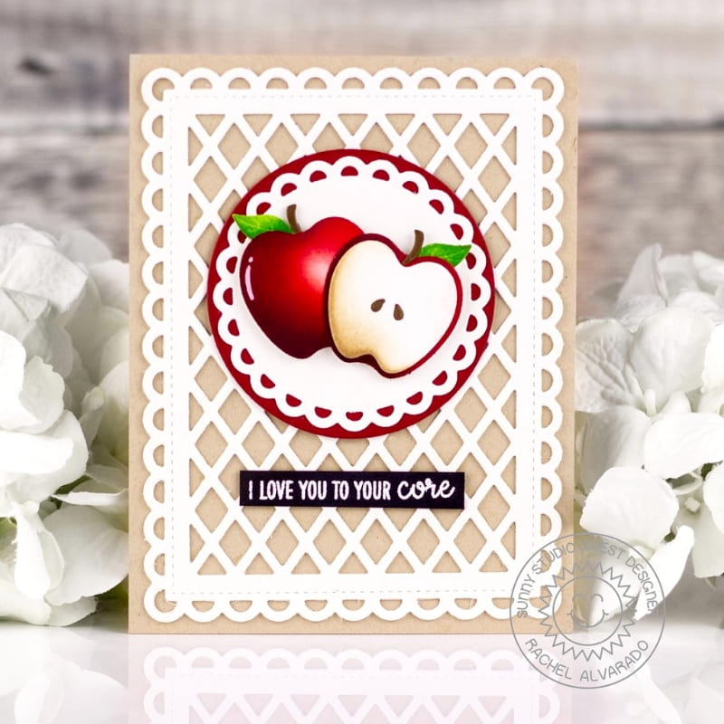 Sunny Studio Stamps Red Apples I Love You To The Core Lattice Fall Card using Scalloped Circle Mat 3 Metal Cutting Craft Dies