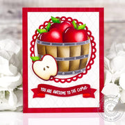 Sunny Studio Stamps Red Apples in Wood Barrel Awesome To The Core Autumn Card using Scalloped Circle Mat 3 Metal Craft Dies