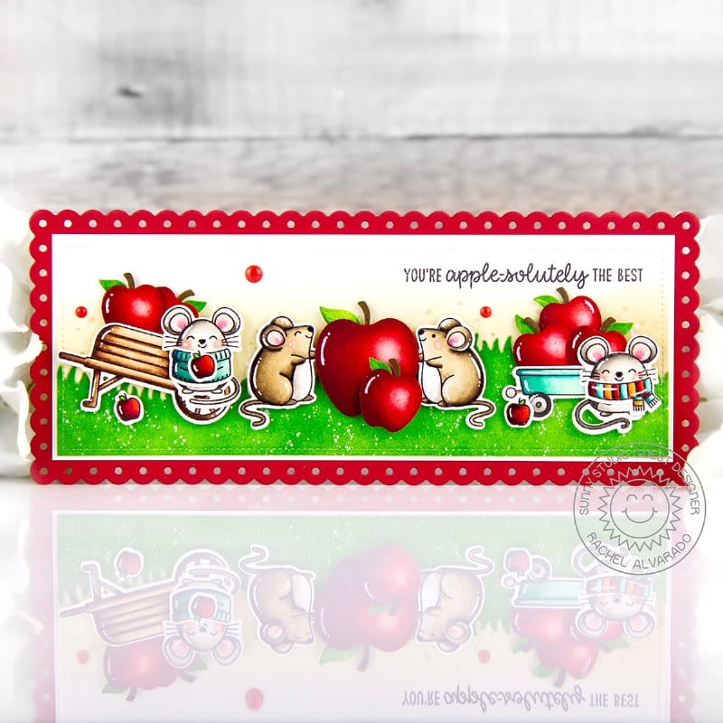 Sunny Studio Stamps Mice with Apples in Wagon & Wheelbarrow Scalloped Slimline Fall Card using Crisp Apple Metal Craft Dies