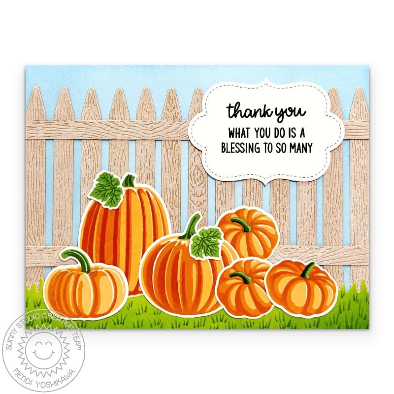 Sunny Studio Thank You for Being A Blessing Pumpkins & Picket Fence Fall Card using Pretty Pumpkins Clear Laying Craft Stamps