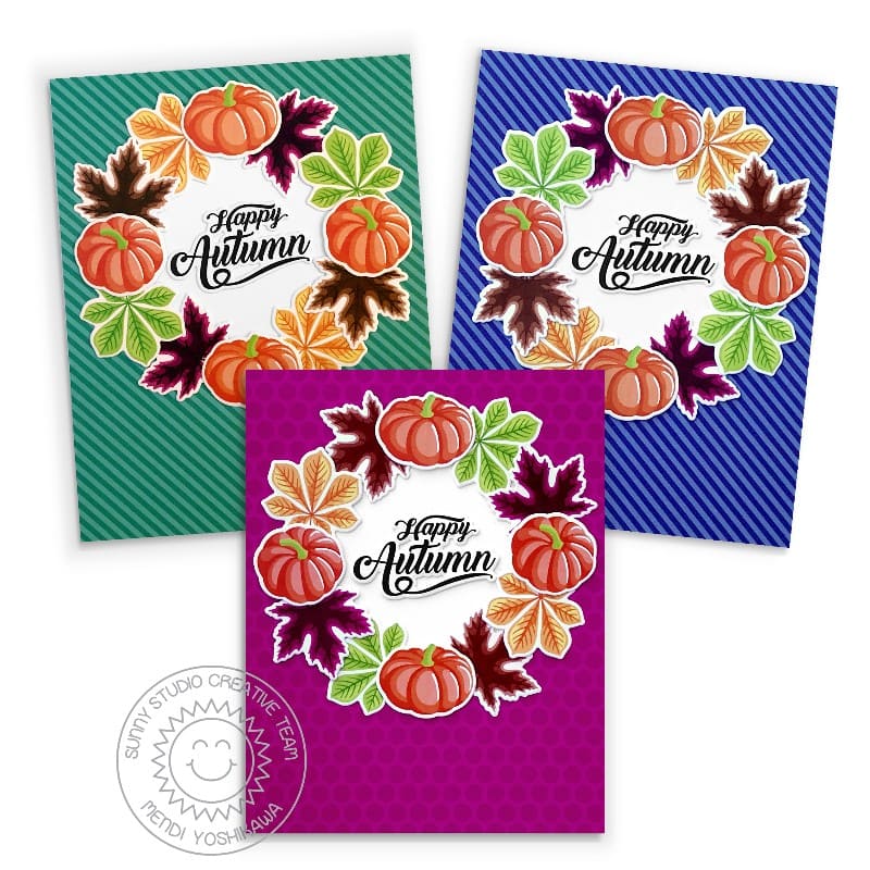 Sunny Studio Happy Autumn Fall Pumpkins & Leaves Wreath Card Set (using Crisp Leaves 4x6 Clear Stamps)