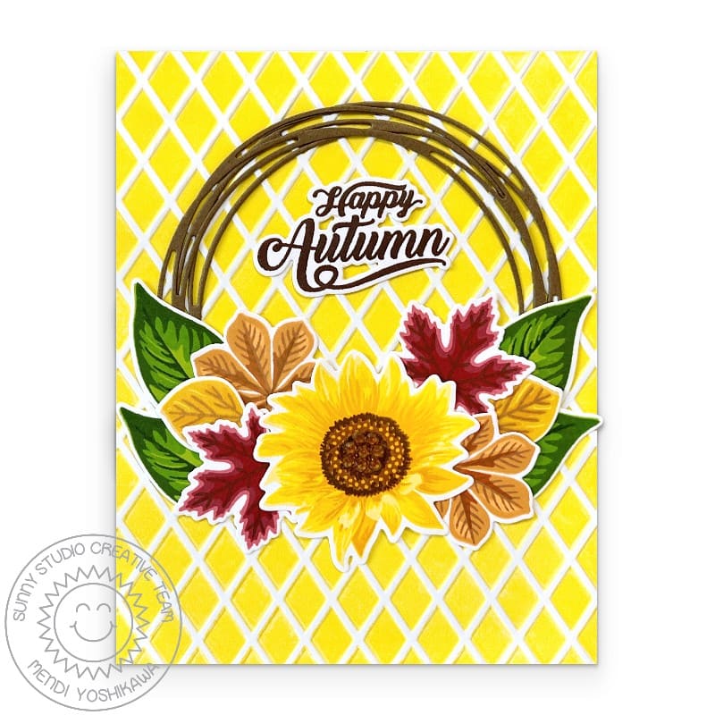 Sunny Studio Stamps Happy Autumn Fall Leaves & Sunflower Wreath Handmade Card using Snowflake Circle Frame Cutting Craft Die