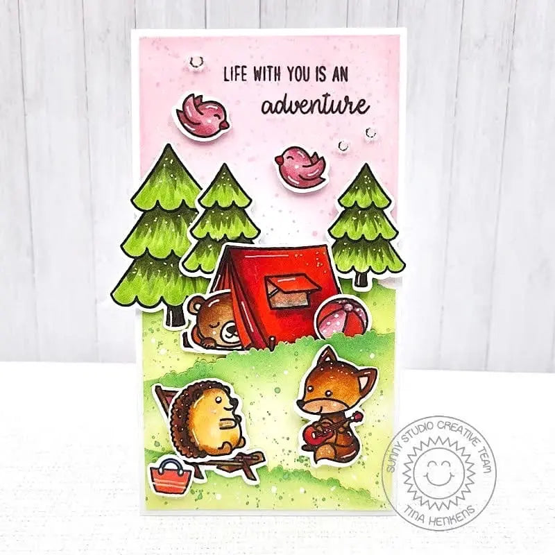 Sunny Studio Fox, Bear & Hedgehog Camping in the Woods Slimline Summer Card (using Critter Campout 4x6 Clear Stamps)