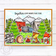 Sunny Studio Together is my Favorite Place to Be Tent Camping in Mountains Card using Critter Campout Clear Craft Stamps