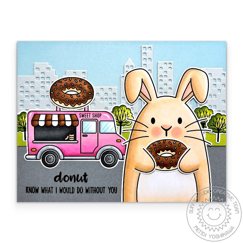 Sunny Studio Bunny Rabbit with Donut at City Doughnuts Food Truck Summer Card using Cruisin' Cuisine 4x6 Clear Craft Stamps