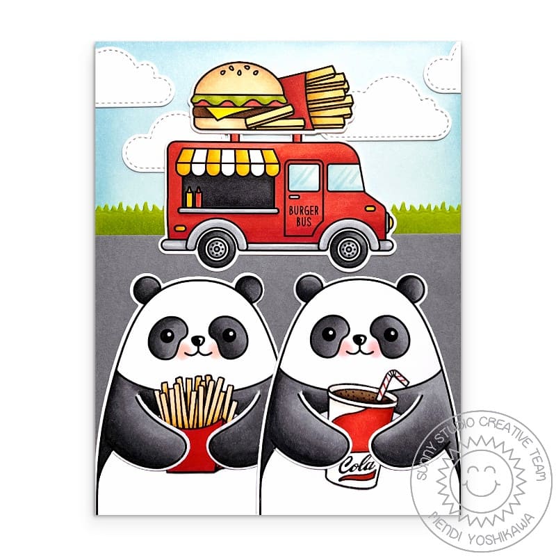 Sunny Studio Panda Bears Eating Fries & Cola at Cheeseburger Food Truck Summer Card using Cruisin' Cuisine Clear Craft Stamps