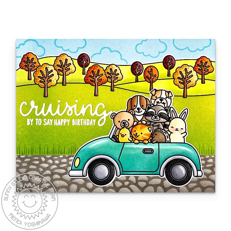Sunny Studio Animals Piled High in Car Autumn Drive Fall Scene Birthday Card using Cruising Critters 3x4 Clear Craft Stamps