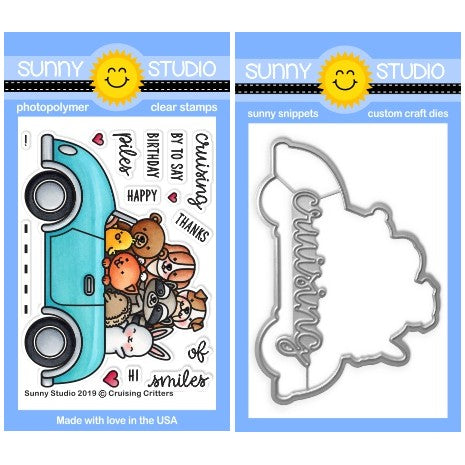 Sunny Studio Stamps Cruising Critters Retro Car with 8 Animals 3x4 Clear Photopolymer Stamp & Metal Cutting Craft Dies Set