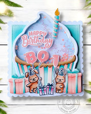 Sunny Studio Cupcake Shape Birthday Shaker Card using Perfect Gift Boxes Craft Dies & Balloon Alphabet & Numbers Clear Stamps