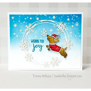 Sunny Studio Stamps Leaping Dachshund Dog Snowy Winter Holiday Christmas Card using Snowflake Circle Frame Metal Cutting Dies
