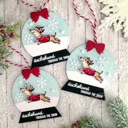 Sunny Studio Wiener Dog Wearing Sweater in Snowglobe Shaped Christmas Holiday Gift Tag using Dashing Dachshund Clear Stamps