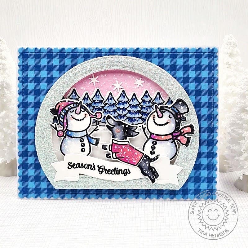 Sunny Studio Pink & Blue Gingham Dog with Snowmen Snowy Winter Holiday Christmas Card using Dashing Dachshund Clear Stamps