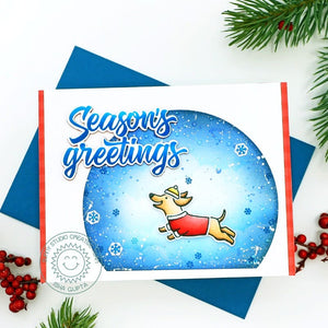 Sunny Studio Red, White & Blue Leaping Dog Season's Greetings Winter Holiday Christmas Card using Dashing Dachshund Stamps