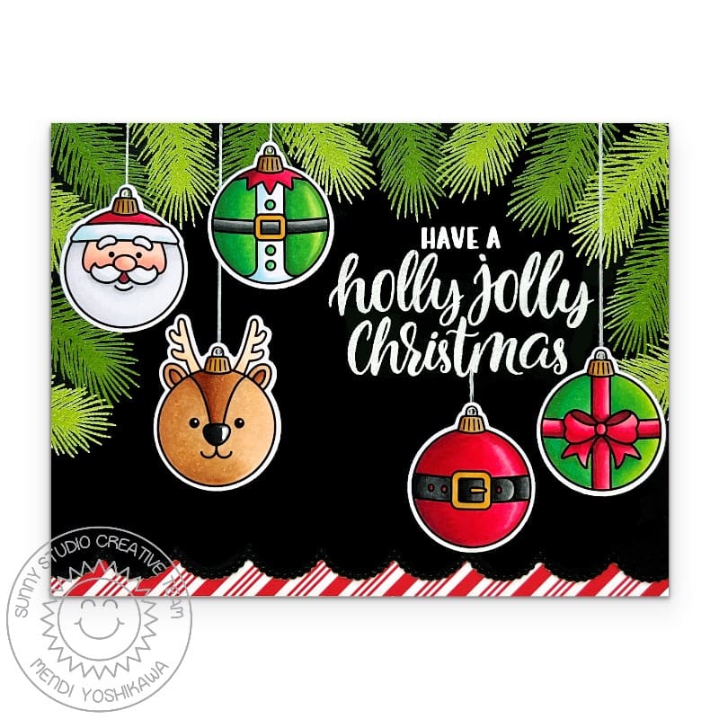 Sunny Studio Christmas card with colorful ornaments and 'Have a holly jolly Christmas' text on a black background.