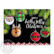 Sunny Studio Santa Claus, Elf & Reindeer Ornaments Holly Jolly Christmas Holiday Card using Deck the Halls Clear Craft Stamps