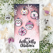 Sunny Studio Frosted Plum Holiday Ornament & Snowflakes Holly Jolly Christmas Card using Deck the Halls Clear Craft Stamps