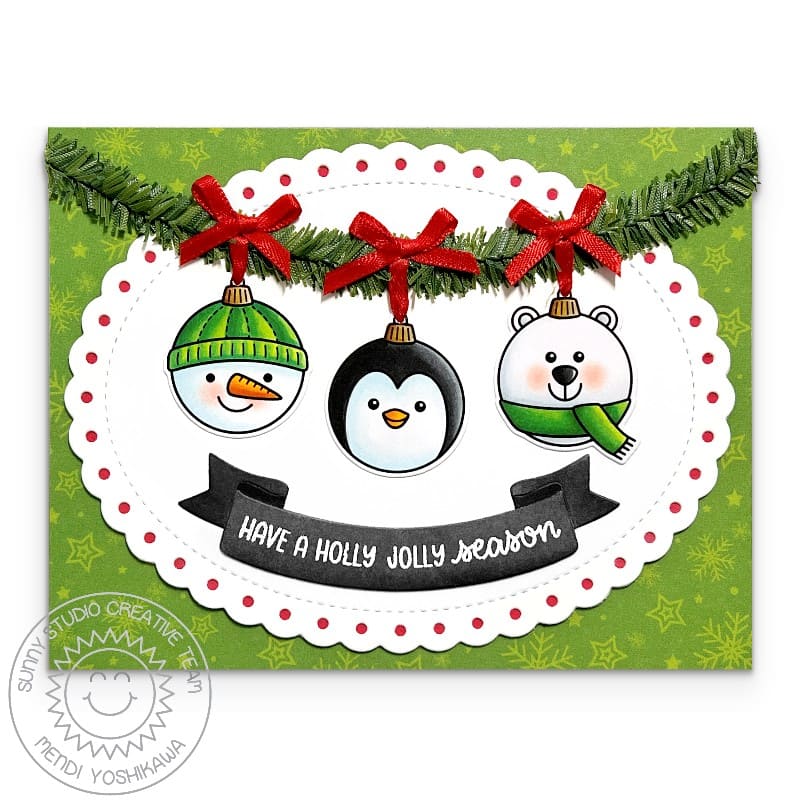 Sunny Studio Snowman & Penguin Ornaments Holly Jolly Christmas Card using Build-a-Greeting Holidays Clear Sentiment Stamps