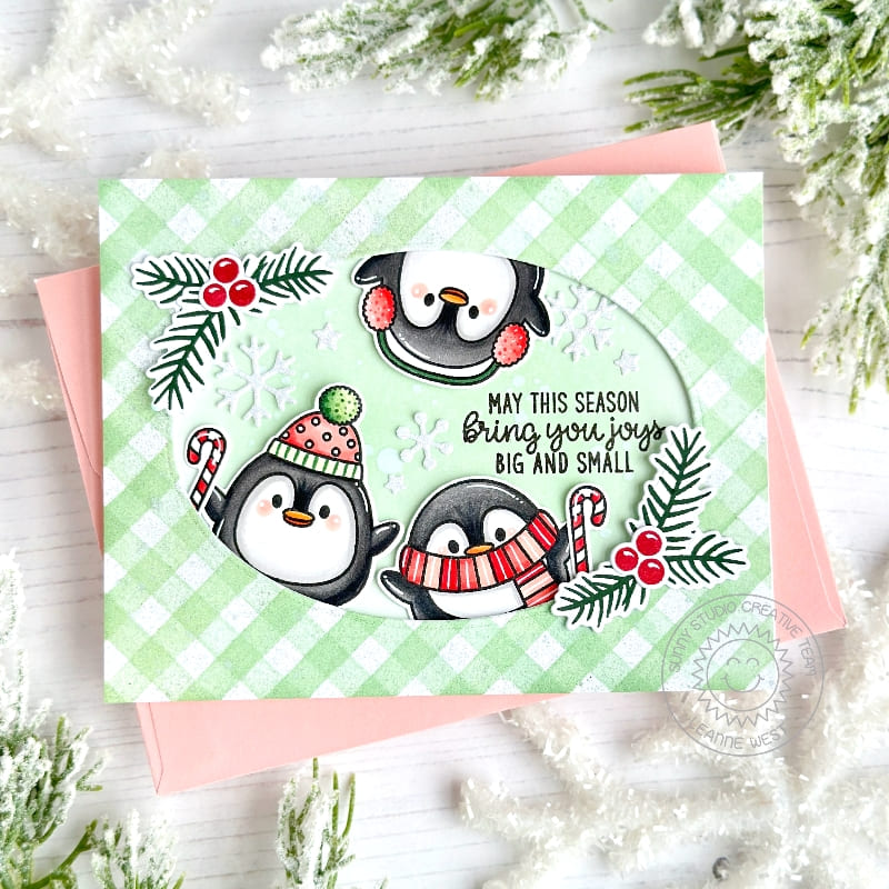 Sunny Studio May the Season Bring You Joy Green Gingham Holiday Christmas Card using Roly Poly Penguins Clear Craft Stamps