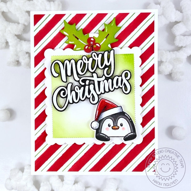 Sunny Studio Candy Cane Striped Penguin with Holly Merry Christmas Holiday Card using Roly Poly Penguins Clear Craft Stamps