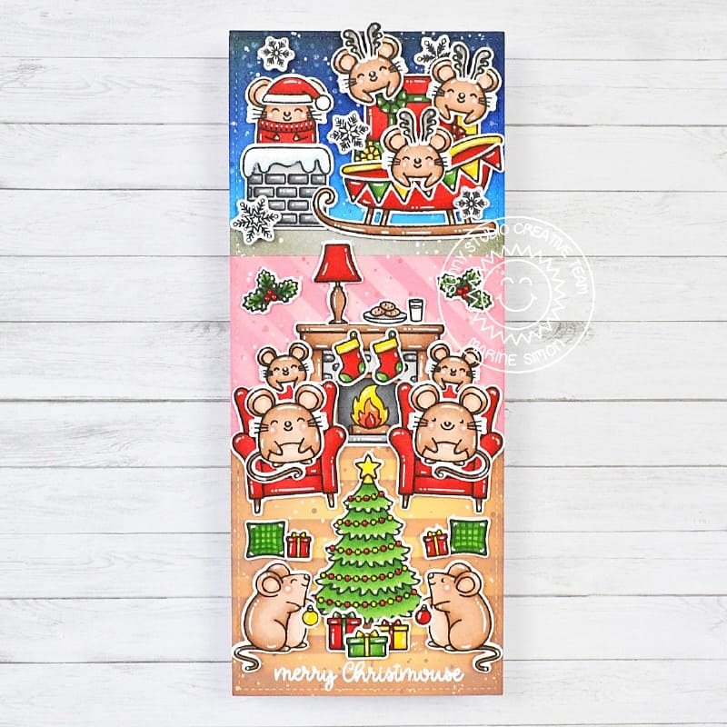 Sunny Studio Mice Mouse House with Fireplace, Chimney & Santa Sleigh Slimline Holiday Card using Cozy Christmas Clear Stamps