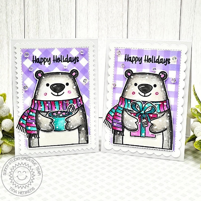 Sunny Studio Stamps Polar Bear Lavender Gingham Mini Holiday Christmas Cards using Mini Mat & Tag 4 Metal Cutting Craft Dies